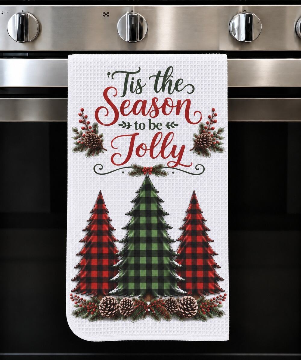 Tis the Season to Be Jolly Christmas Kitchen Towel Buffalo Plaid Trees Farmhouse